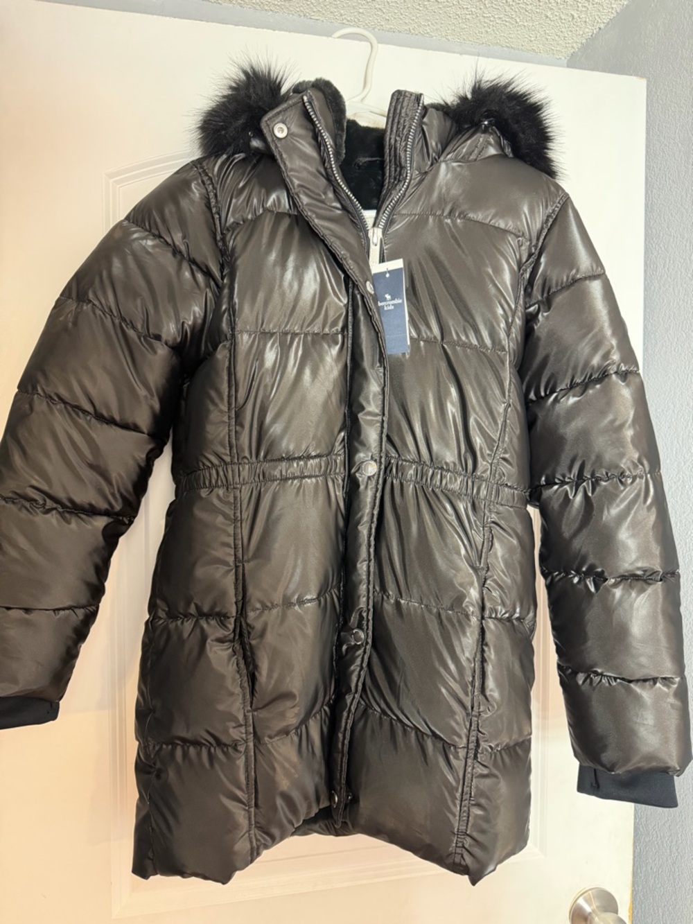 abercrombie kids Black Puffer Coat with Faux Fur Hood